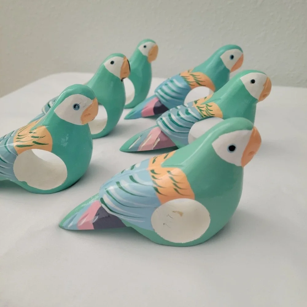 Vtg Wooden Parrot Napkin Rings 6 Pastel Hand Carved Painted Birds Philippines